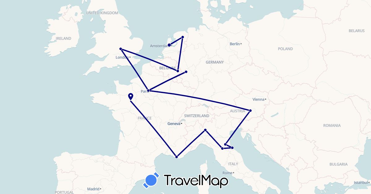 TravelMap itinerary: driving in Austria, Belgium, Germany, France, United Kingdom, Italy, Netherlands (Europe)